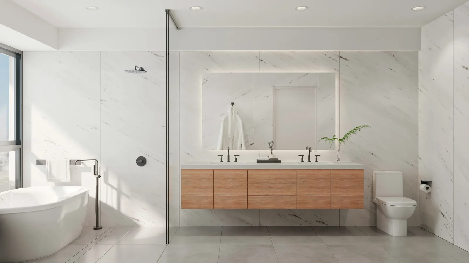 Curbless aging-in-place bathroom remodel by Serden Group in Vancouver WA with a level-entry shower and wall-hung vanity