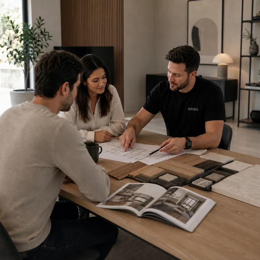 Serden Group consultation with clients reviewing remodeling plans