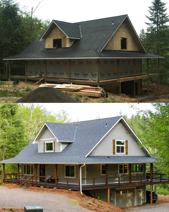 Before and after of a re-side, from house wrap to finished siding and trim