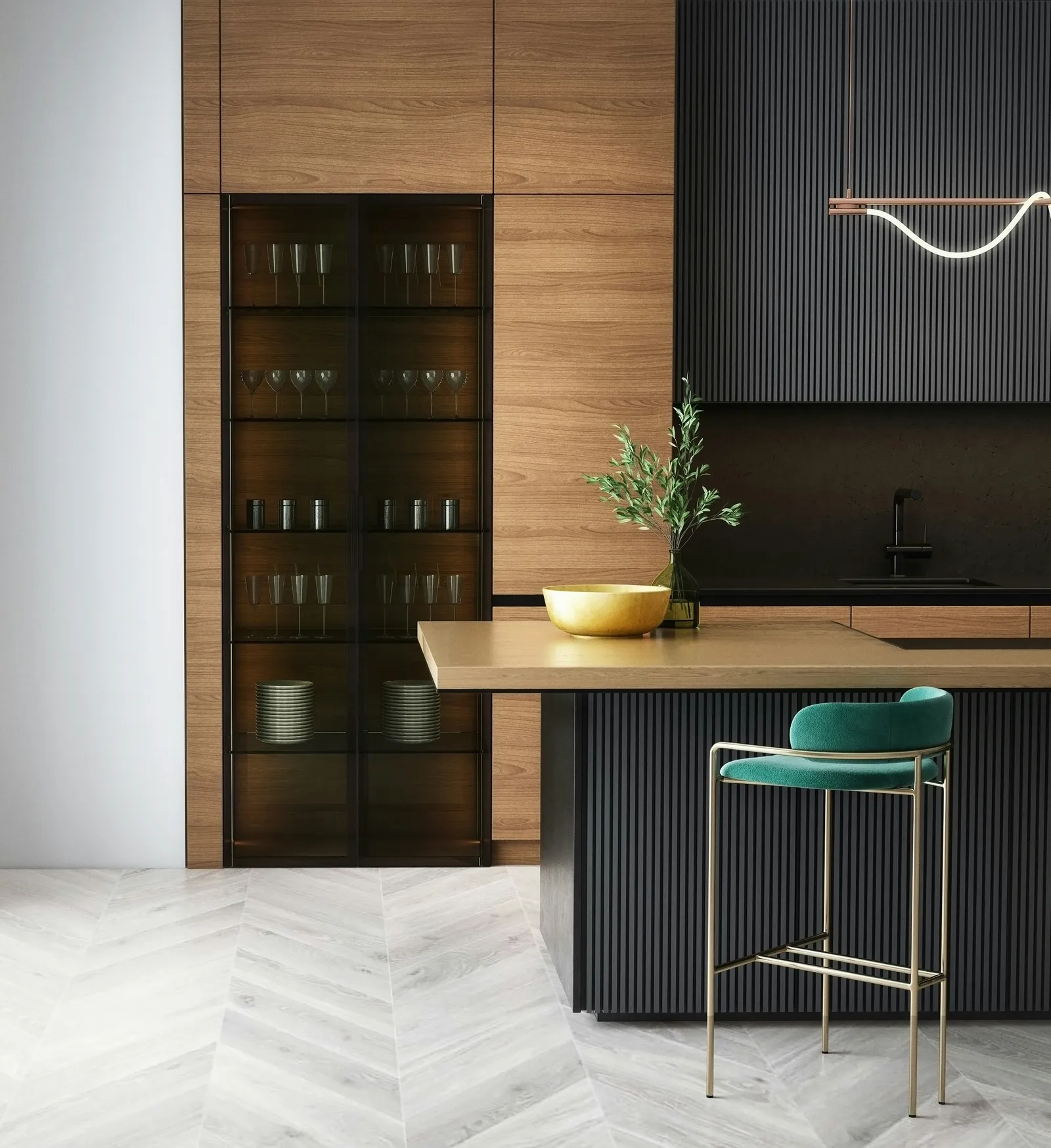 A warm, wood-toned 2026-style kitchen with veined stone and matte finishes