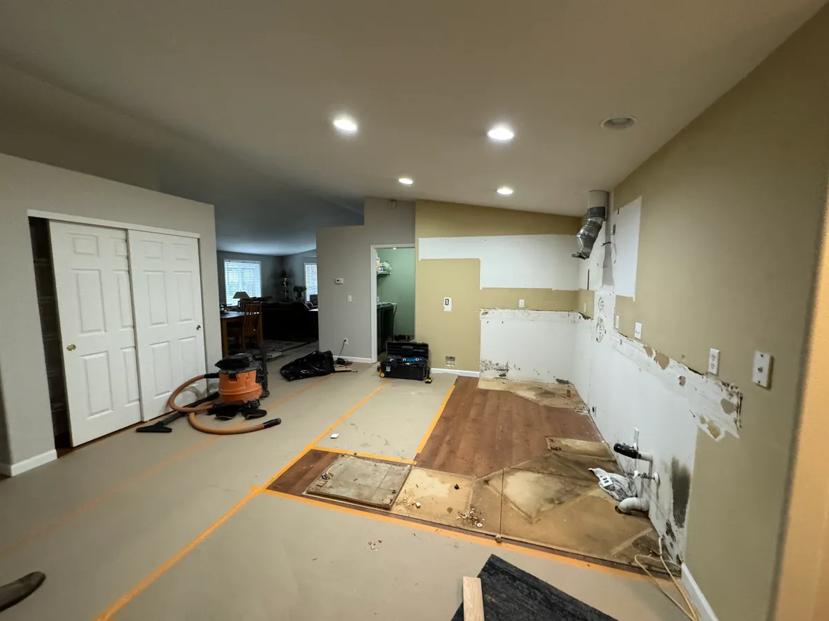 Kitchen stripped down to the studs and subfloor during construction