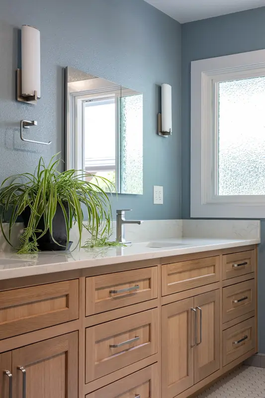 Vanity end with a brushed nickel faucet, a potted plant and the window above
