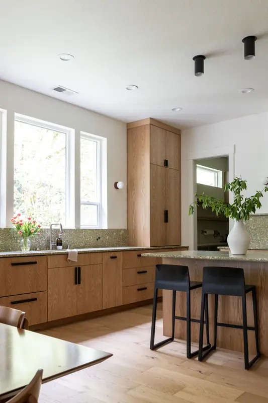 The window over the sink, the oak base cabinets beneath it and the island, seen past the dining table