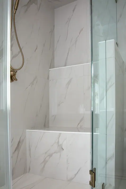 Linear drain and low-profile curb at the steam shower entry