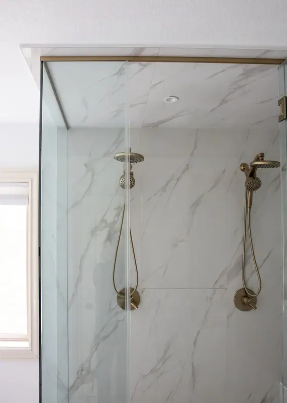 Wide view of the reorganized primary bathroom layout
