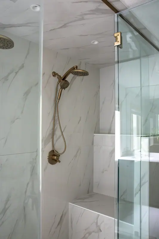 Rain head, handshower and thermostatic valve inside the steam shower