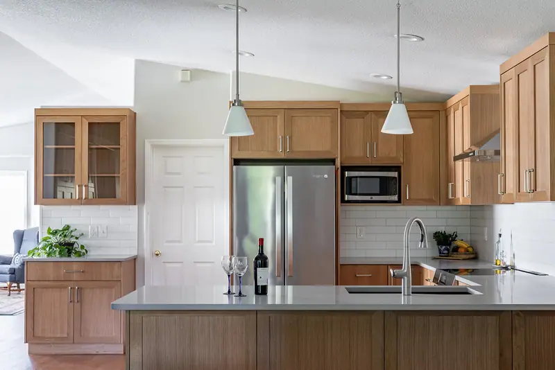 Wide view of the whole remodeled kitchen from the living room